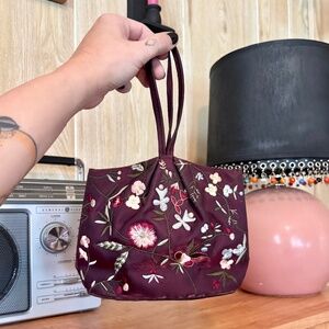 Vintage Burgundy Floral Embroidered Iridescent Handbag Y2K 2000s